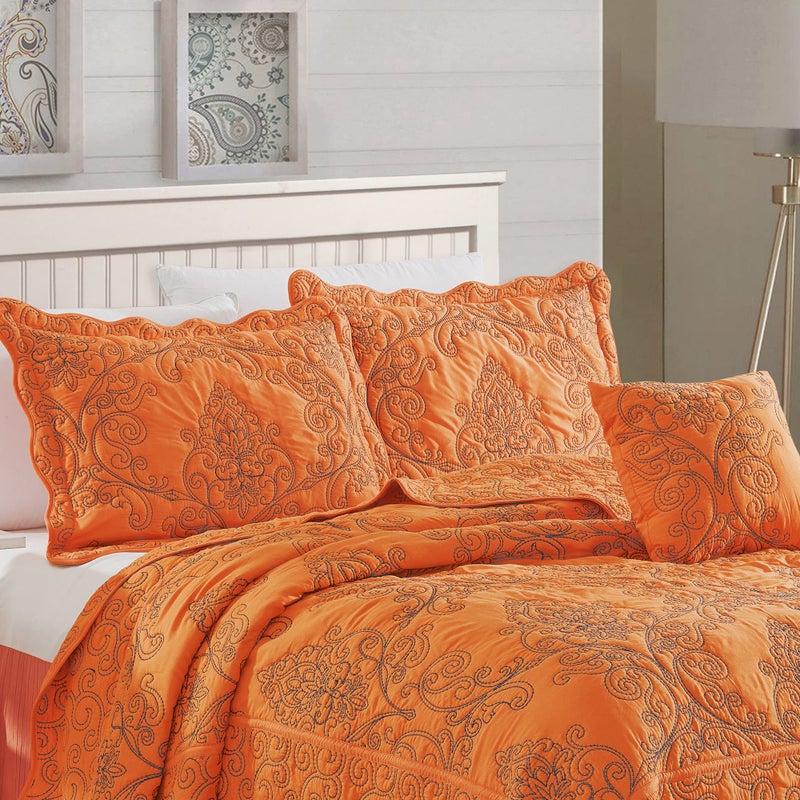 Home Soft Things Damask 4 Piece Bedspread Set, Scalloped Edge Reversible Quilt Coverlet Comforter Prewashed Bedding Set, Matelasse Embossed Floral Solid Pattern,Nectarine Oversize King(120" x 120") - Image 2